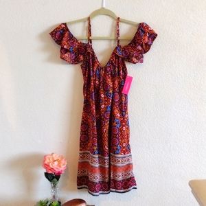 Xhilaration Boho💮Patterned Cold Shoulder Dress Size Small Bohemian Style